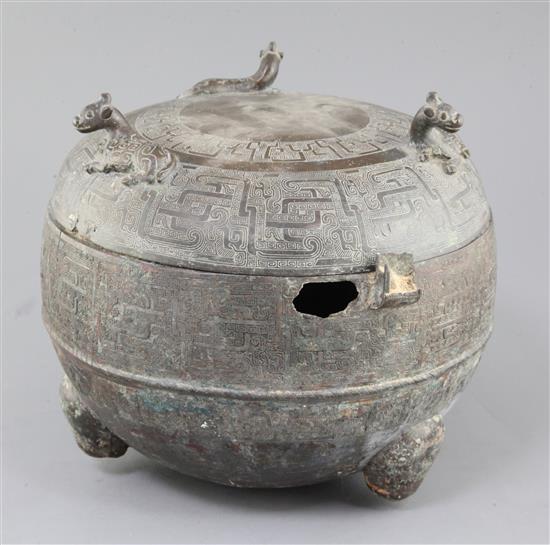 A Chinese archaic bronze ritual food vessel cover from a Dui, Eastern Zhou dynasty/Spring & Autumn period, 5th - 4th century B.C.,